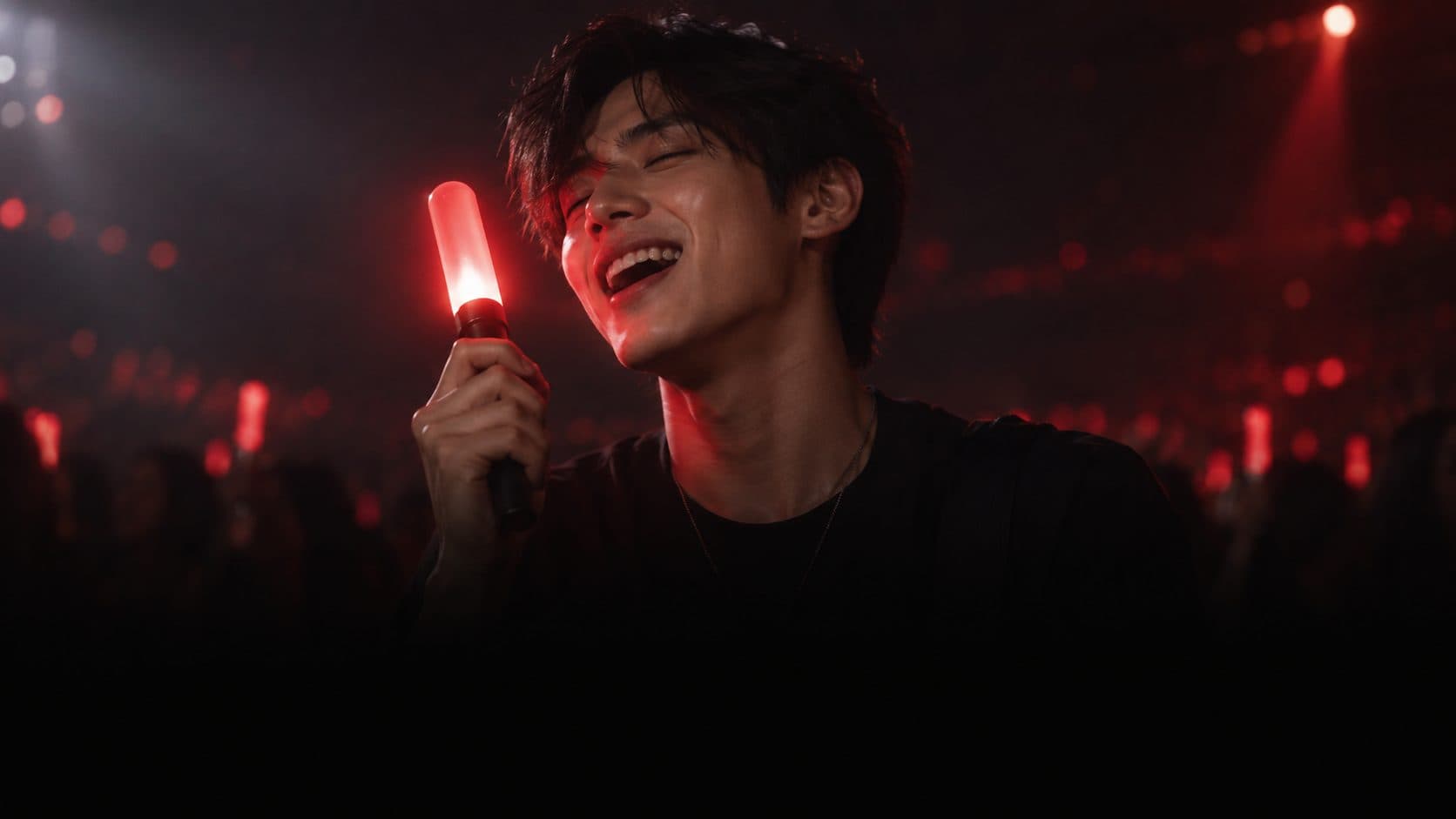 แฟนคลับหลับตาร้องตามเพลง ถือแท่งไฟสีแดงไว้ข้างแก้ม