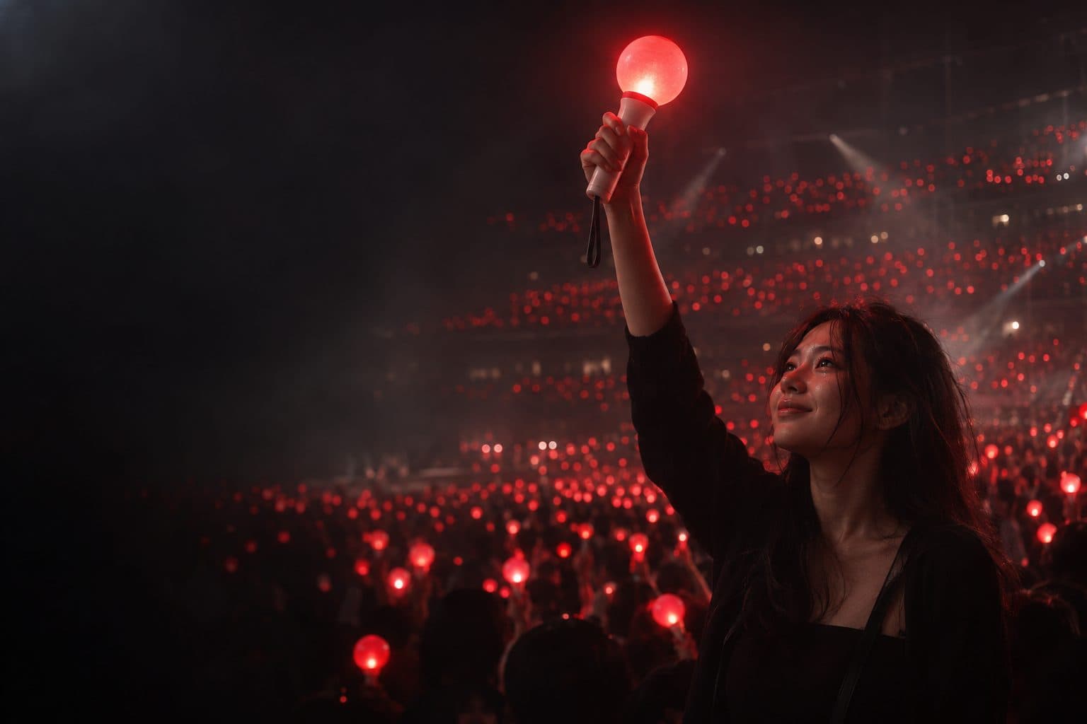 แฟนคลับชูแท่งไฟหัวกลมสีแดงกลางคอนเสิร์ต ท่ามกลางทะเลไฟสีแดงทั้งฮอลล์