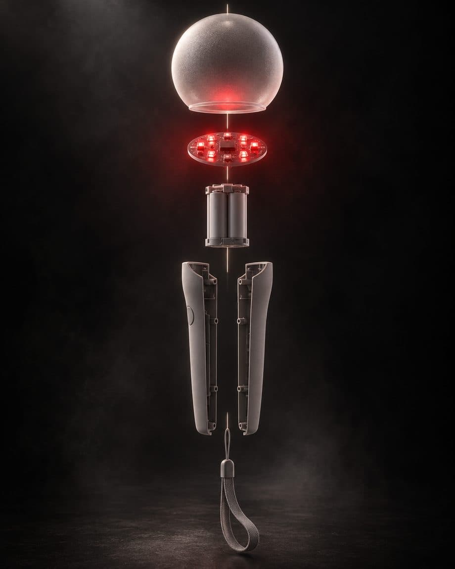ภาพแยกชิ้นส่วนแท่งไฟ: โดมกระจายแสง แผงไฟ LED แบตเตอรี่ และด้ามจับ