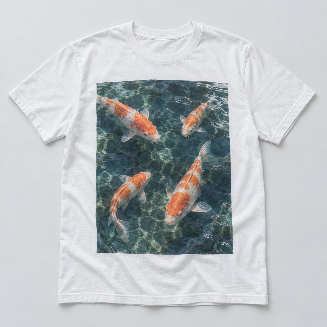เสื้อยืดผ้าฝ้ายสีขาววางแบน สกรีน DTG ลายรูปถ่ายปลาคาร์ปว่ายในน้ำใส ไม่ต้องปูหมึกขาวรองพื้น