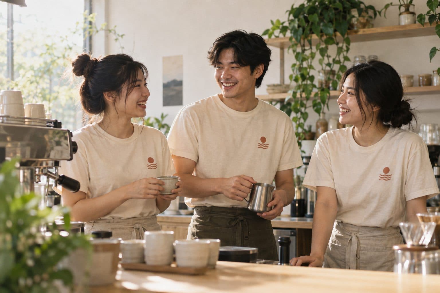 พนักงานร้านกาแฟสามคนใส่เสื้อยืดสีครีม สกรีนพิกเมนต์โลโก้เล็กบนอก ยืนหัวเราะหลังเคาน์เตอร์