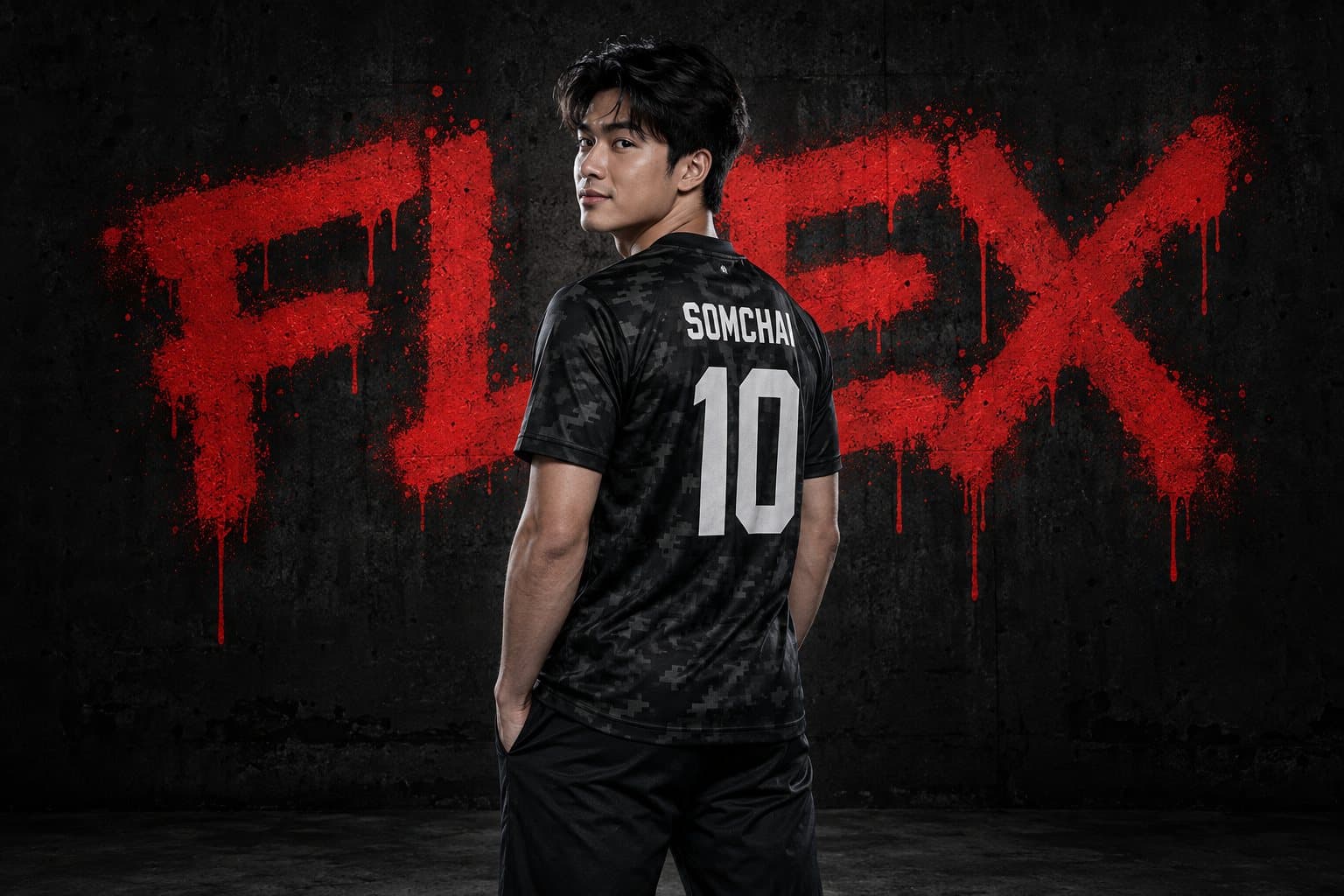 นักกีฬาใส่เสื้อกีฬาสีดำ หันหลังโชว์ชื่อ SOMCHAI เบอร์ 10 แผ่นเฟล็กซ์สีขาว หน้ากำแพงพ่นสีแดงคำว่า FLEX