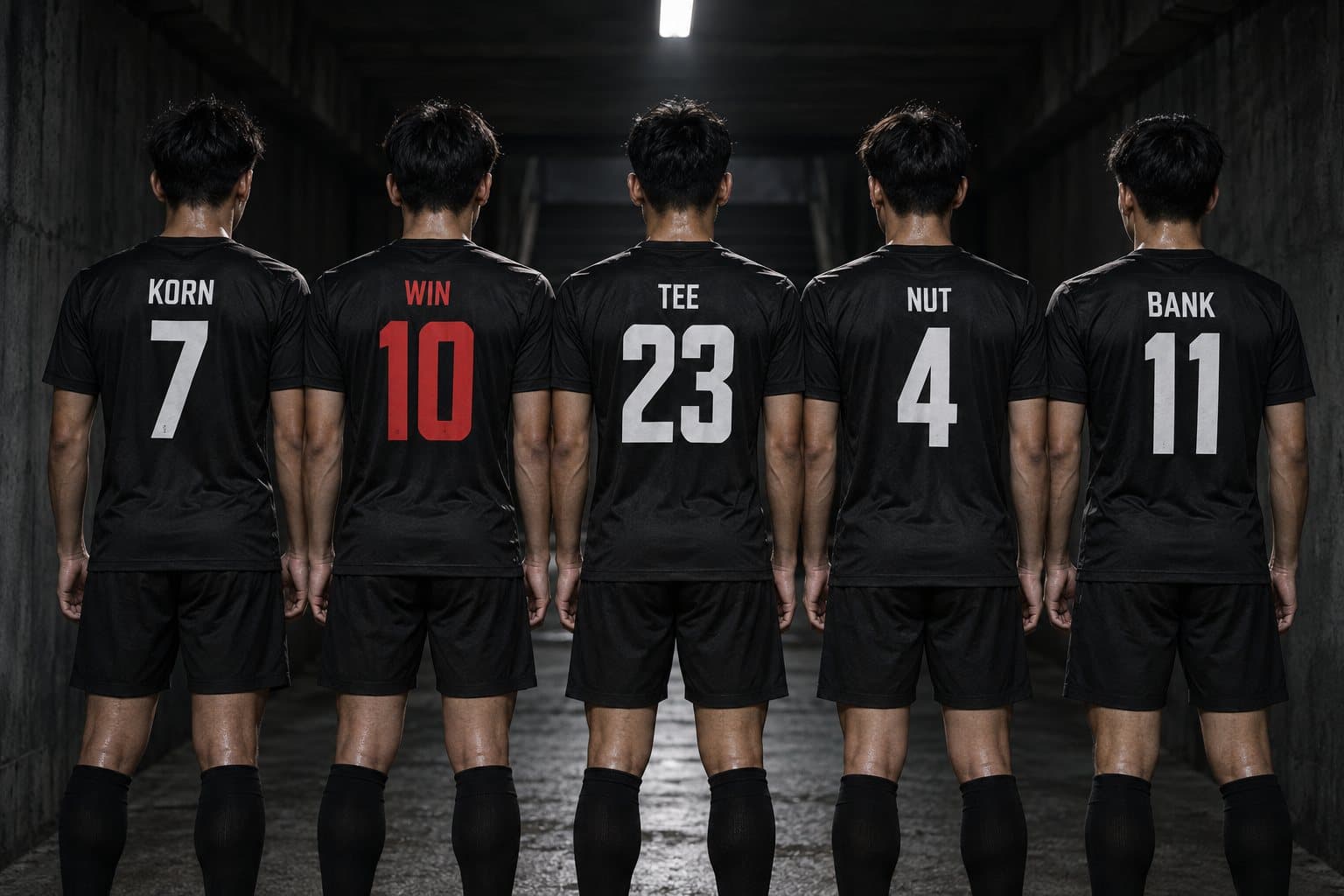 นักฟุตบอลห้าคนยืนหันหลังเรียงแถว เสื้อสีดำชื่อและเบอร์ไม่ซ้ำกัน KORN 7, WIN 10 สีแดง, TEE 23, NUT 4, BANK 11
