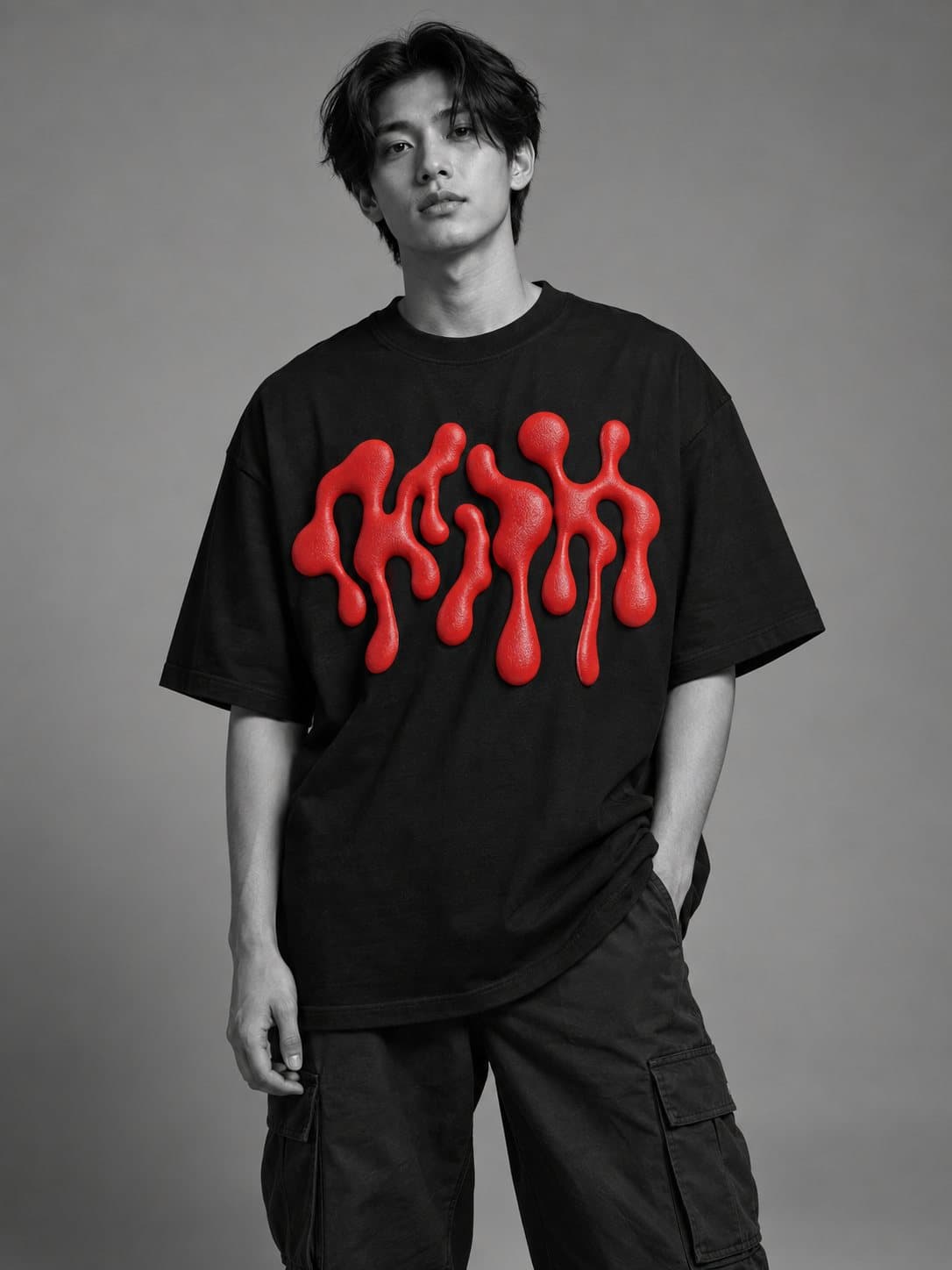 นายแบบใส่เสื้อยืดดำโอเวอร์ไซซ์ สกรีนยางนูนสีแดงหนาเต็มอก