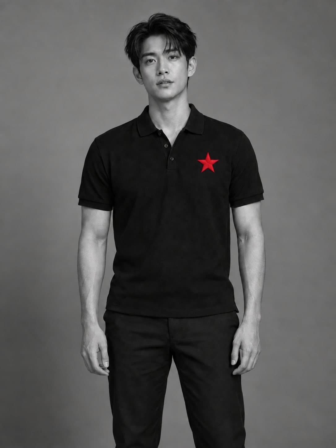 นายแบบใส่เสื้อโปโลดำ โลโก้ดาวยางนูนสีแดงบนอกซ้าย นูนบาง ๆ