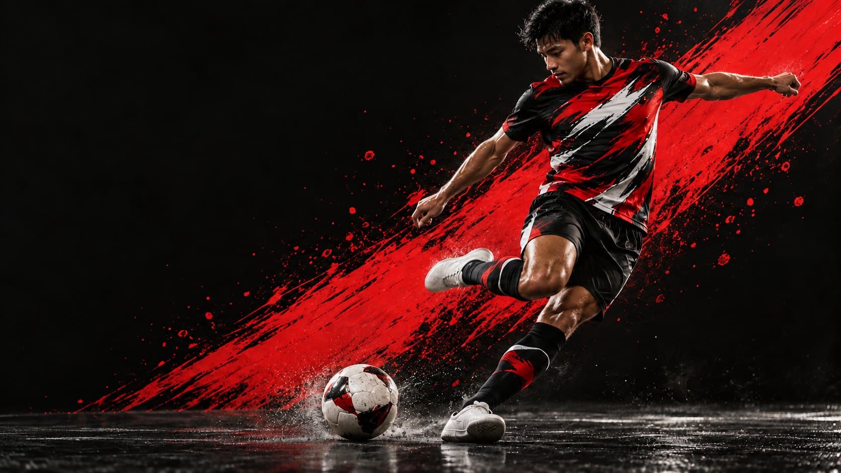 นักฟุตซอลชาวไทยสวมเสื้อกีฬาพิมพ์ลาย Sublimation เต็มตัวสีแดงดำ กำลังง้างเท้ายิงลูก