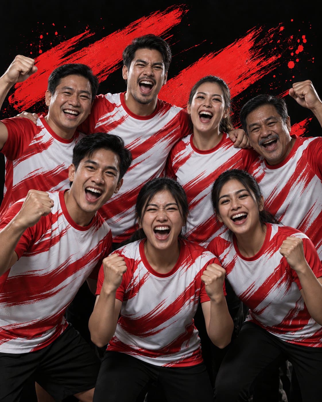 พนักงานบริษัทหลายวัยในเสื้อกีฬาสีแดงขาวเหมือนกัน ยืนเชียร์ด้วยกัน