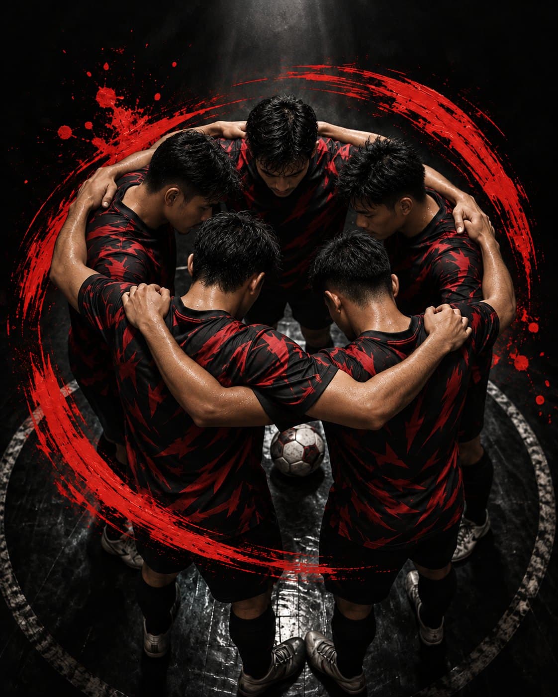 ทีมฟุตซอลในชุดพิมพ์ลายแดงดำเหมือนกันยืนกอดคอล้อมวงกลางสนาม